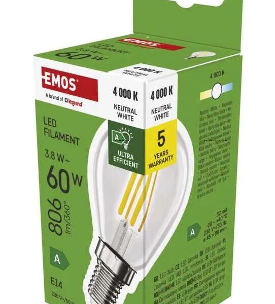 LED žiarovka Filament Mini Globe A CLASS / E14 / 3,8 W (60 W) / 806 lm / Neutrálna biela
